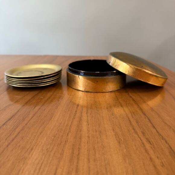 Coaster Set of 6 Gold Tone Metal Aged Patina Black Lacquer Round Wood Box Japan - Picture 1 of 12
